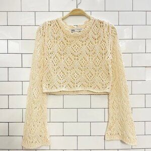ZARA Crochet Statement Sleeves Sweater Women’s Medium Off White Cream Cropped